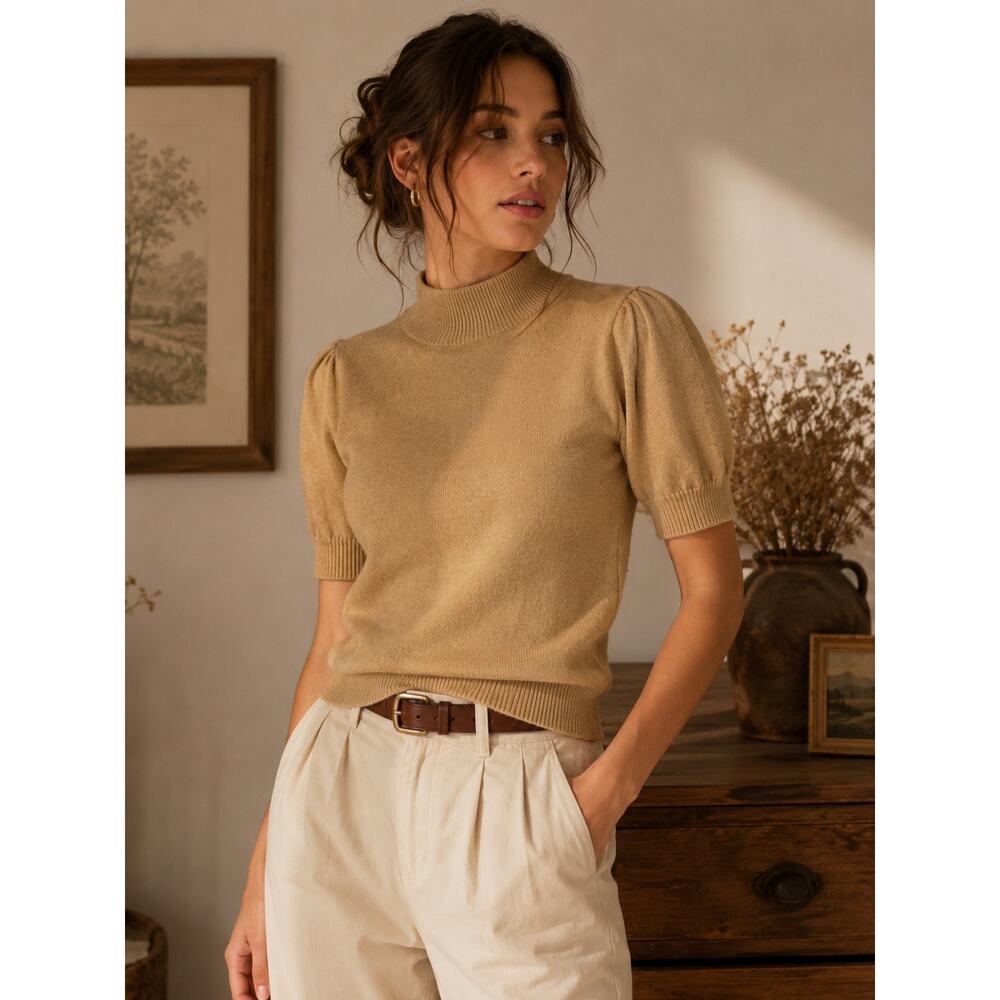 Vintage G.H. Bass & CO Merino Wool Blend Mock Neck Puff Sleeve Sweater Tan Camel